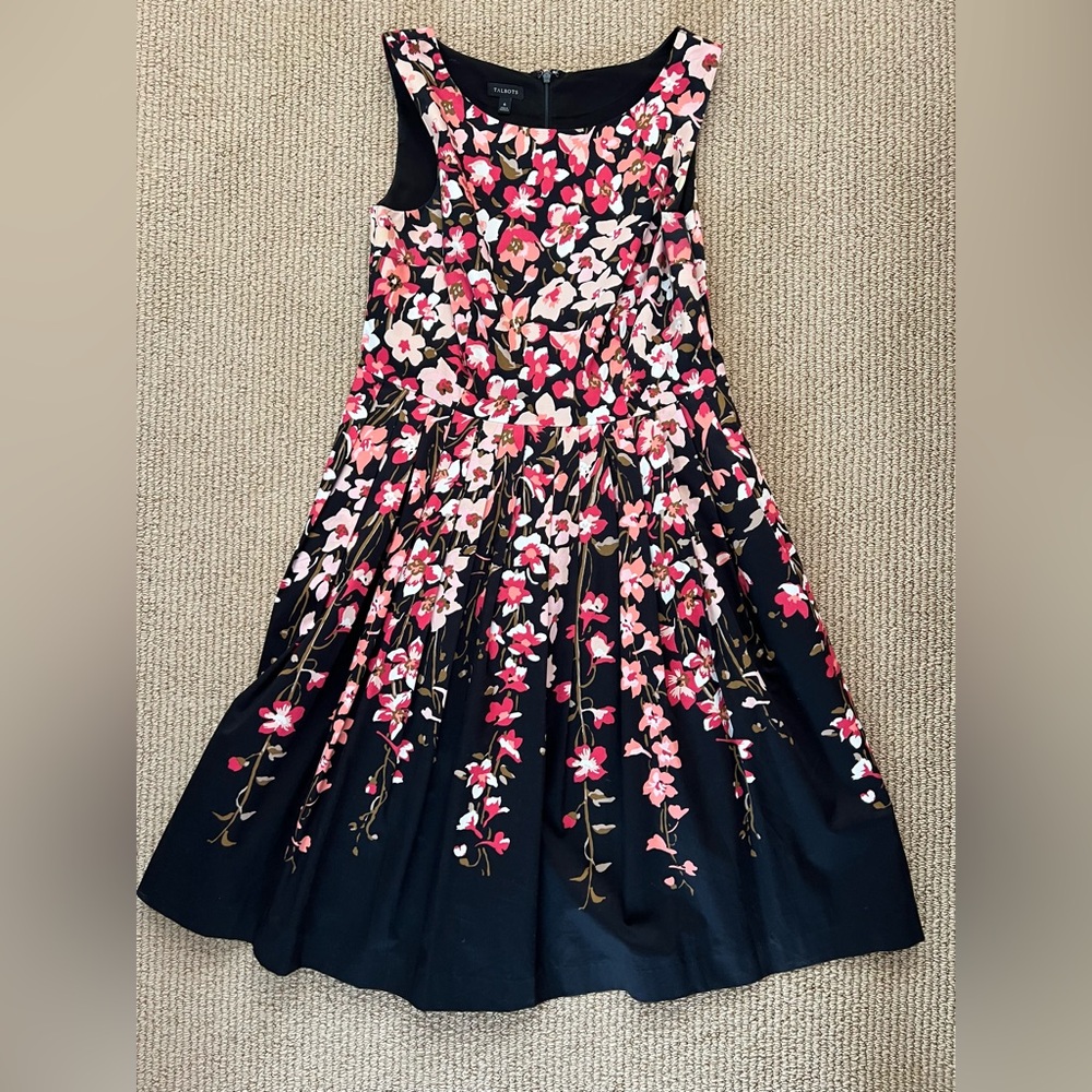 Talbots Black Floral Fit & Flare Dress Sleeveless Women’s Size 6